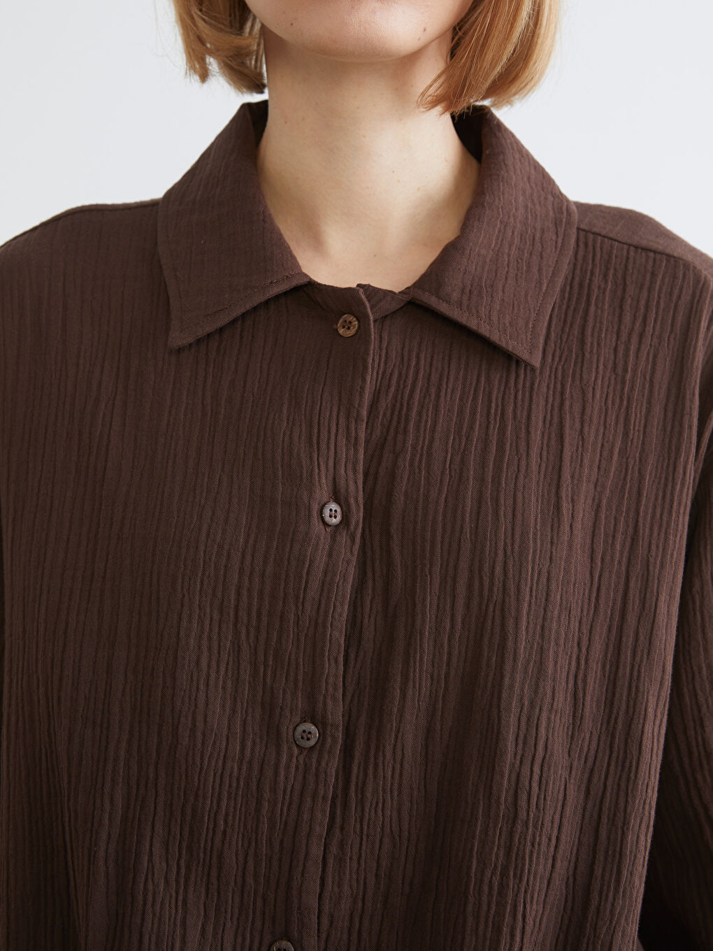 Kahverengi Oversize Müslin Kadın Gömlek-2