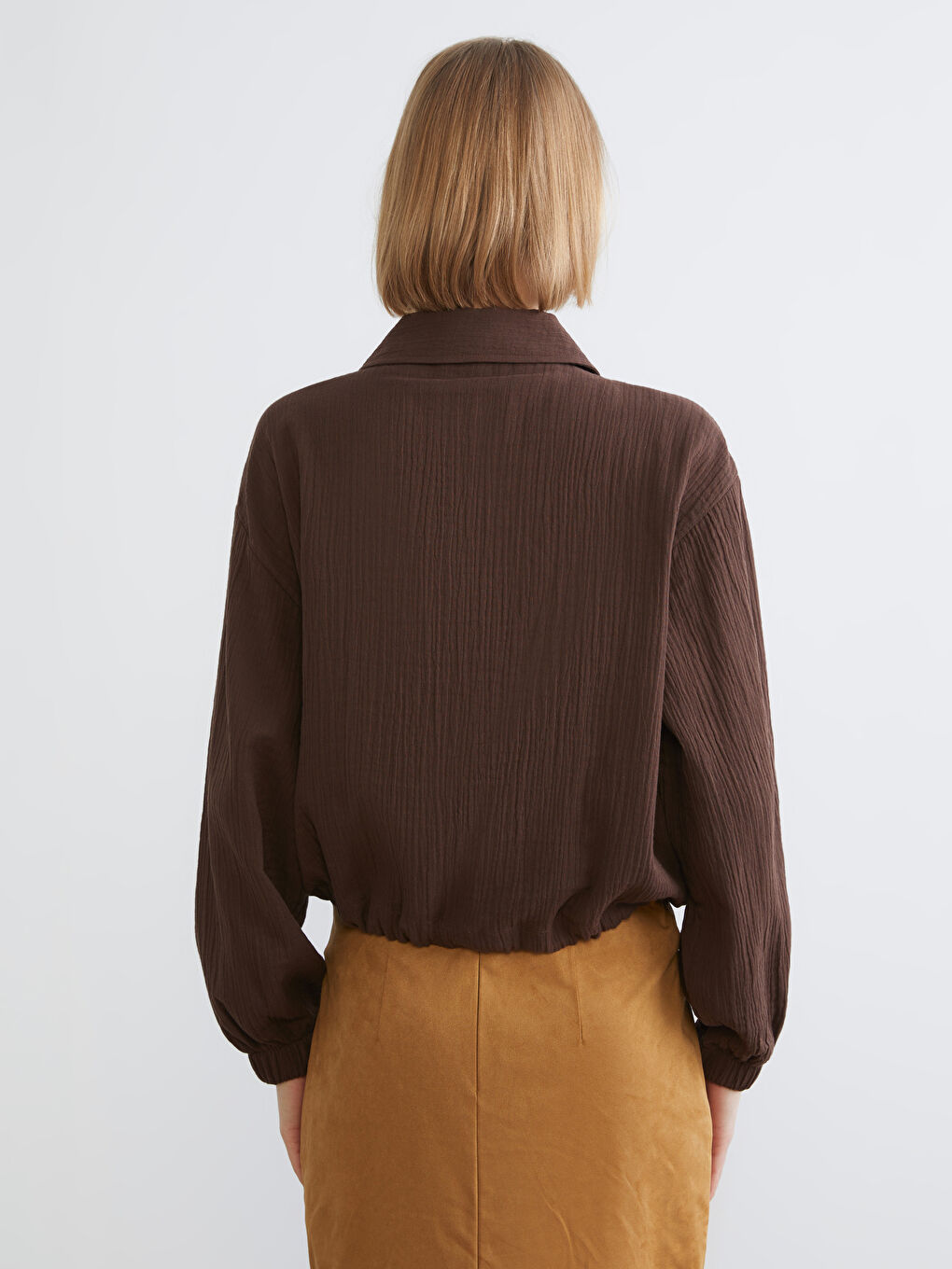 Kahverengi Oversize Müslin Kadın Gömlek-3