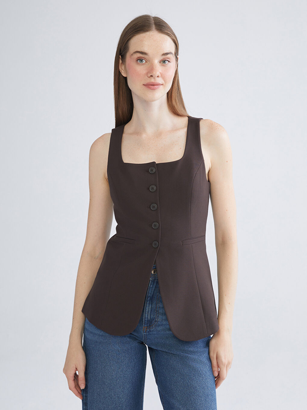 Kahverengi Kare Yaka Kadın Klasik Yelek-2