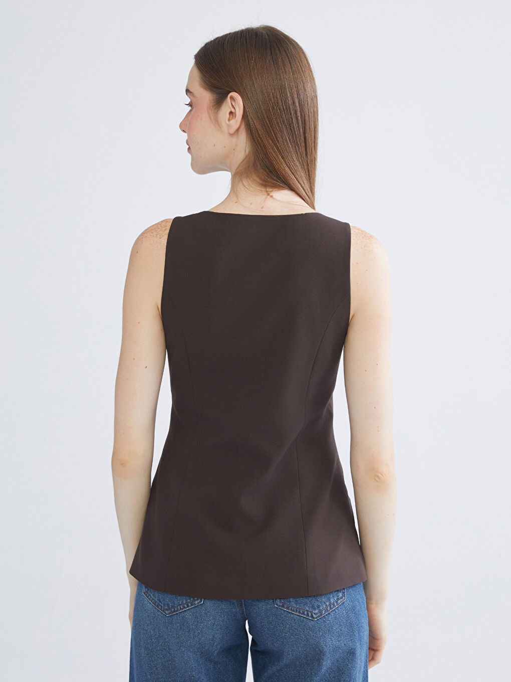 Kahverengi Kare Yaka Kadın Klasik Yelek-5