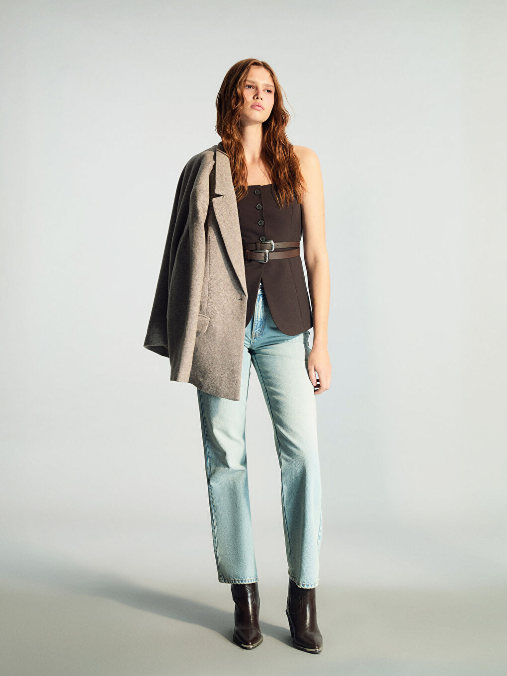 Kahverengi Kare Yaka Kadın Klasik Yelek-1