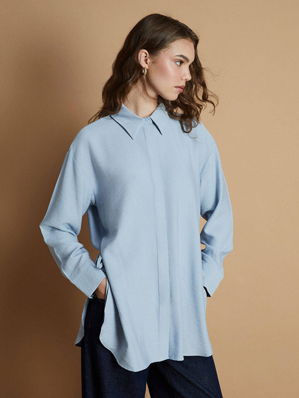 Mavi Gizli Patlı Kadın Gömlek Tunik
