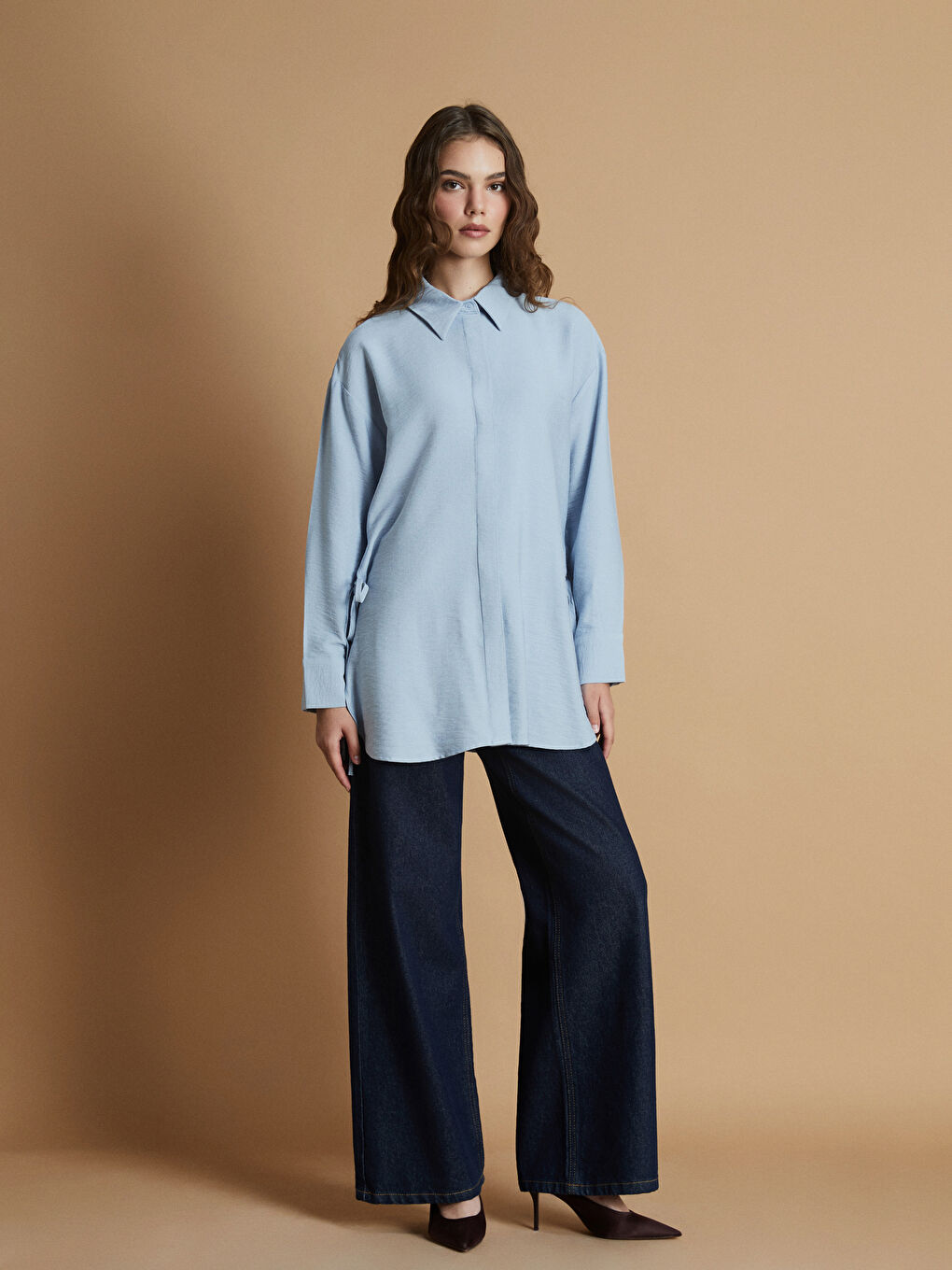 Mavi Gizli Patlı Kadın Gömlek Tunik-1