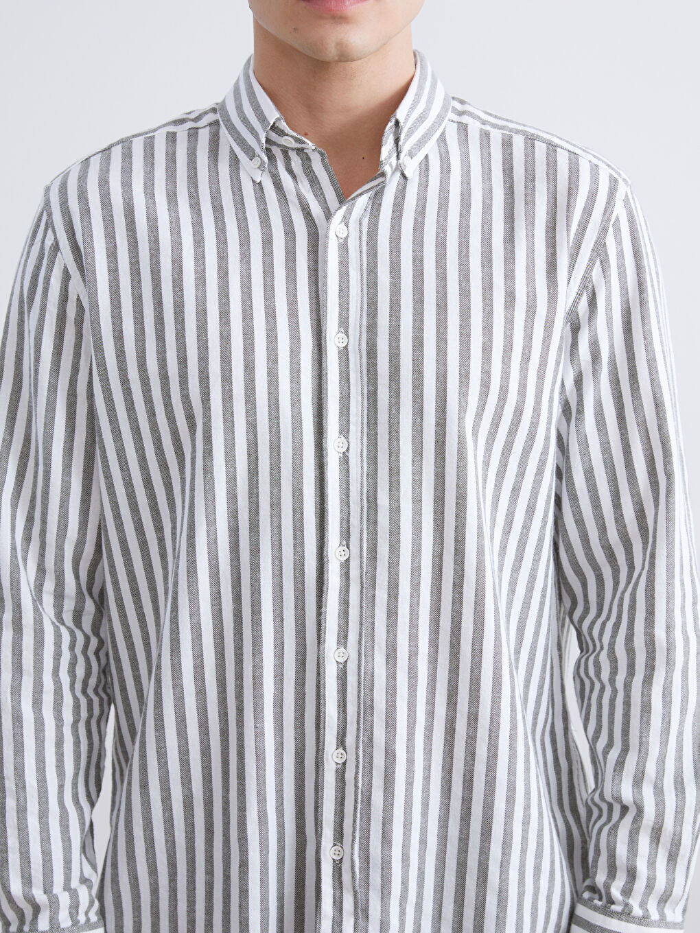 Haki Regular Fit Çizgili Keten Görünümlü Erkek Gömlek-2