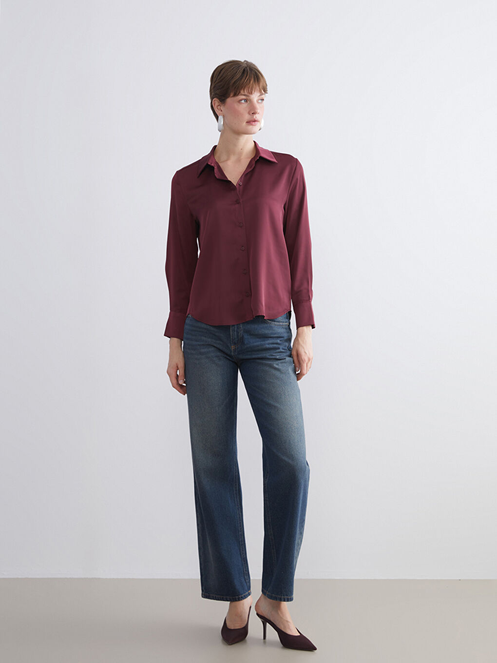 Bordo Saten Kadın Gömlek-1