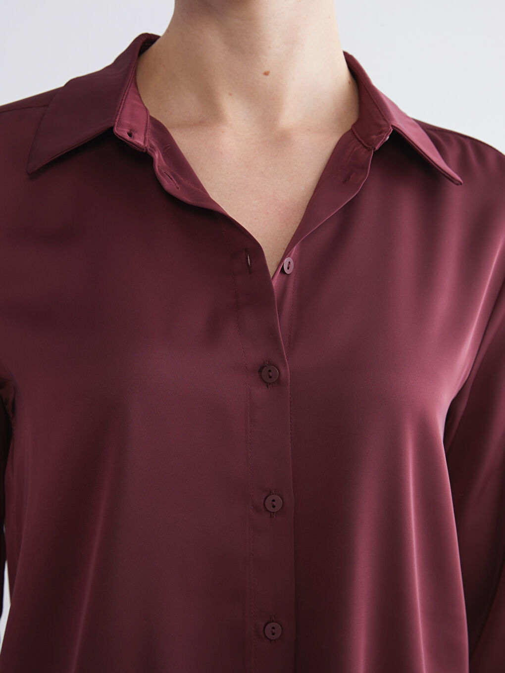 Bordo Saten Kadın Gömlek-2