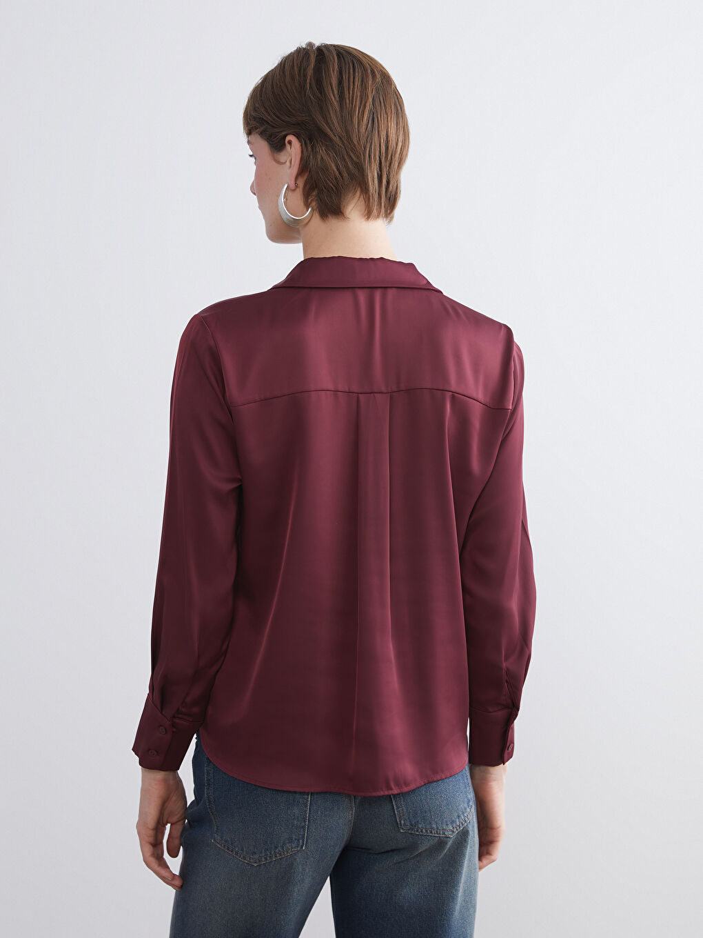Bordo Saten Kadın Gömlek-3
