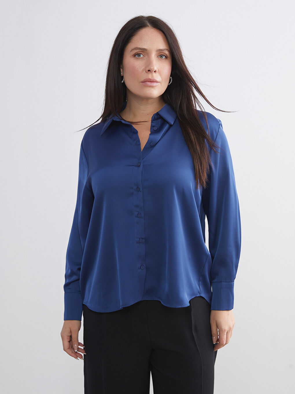 Lacivert Saten Kadın Gömlek-1