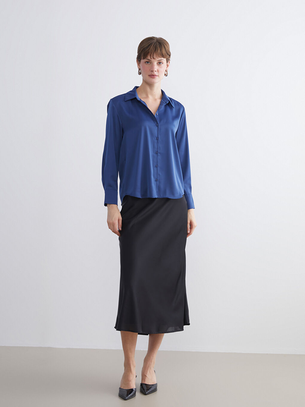 Lacivert Saten Kadın Gömlek-2