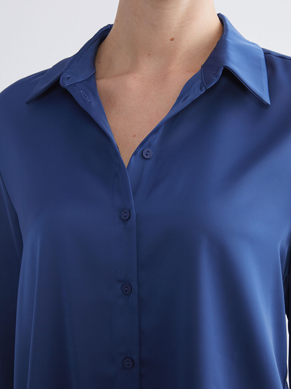 Lacivert Saten Kadın Gömlek-3