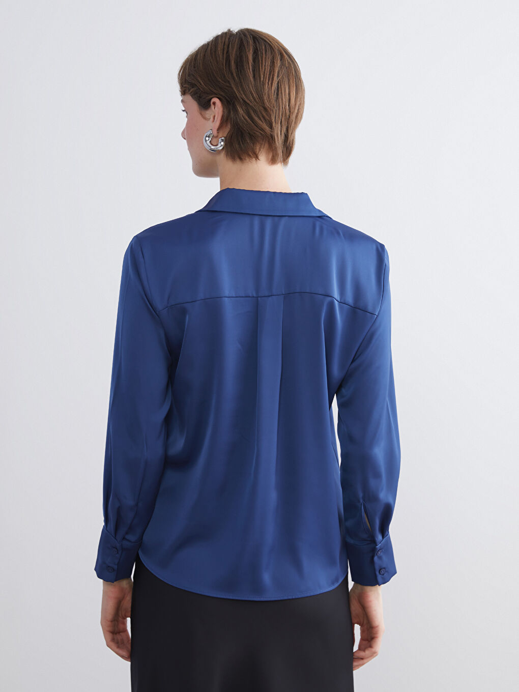 Lacivert Saten Kadın Gömlek-4