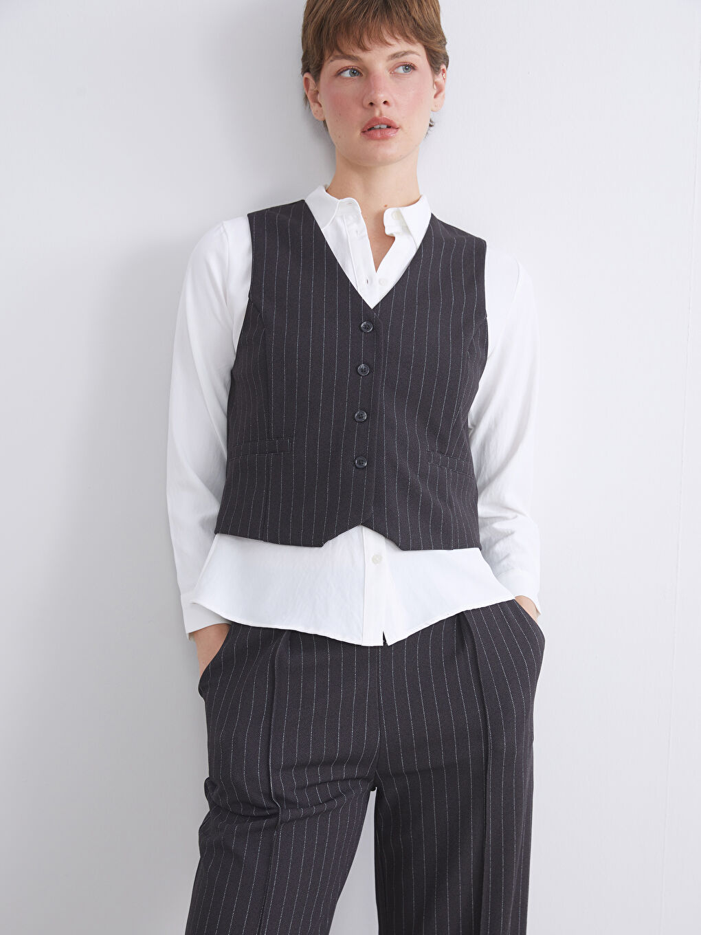 V-Neck Striped Women's Classic Waistcoat