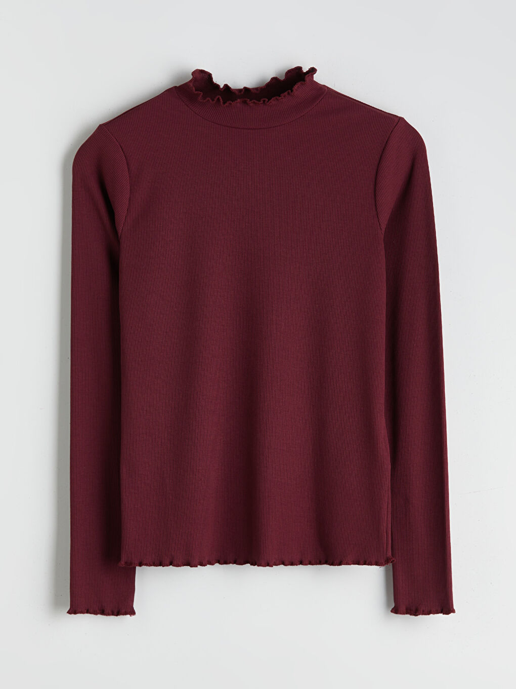 Bordo Fırfırlı Dik Yaka Kadın Body-6