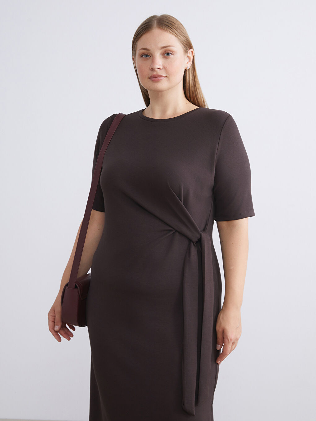 Kahverengi Bisiklet Yaka Büzgülü Elbise-5