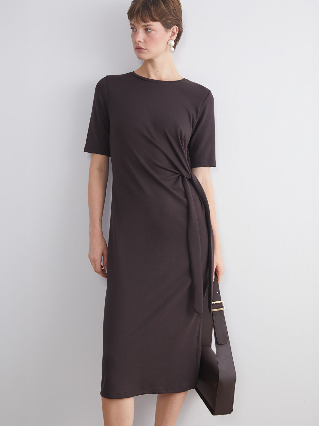 Kahverengi Bisiklet Yaka Büzgülü Elbise