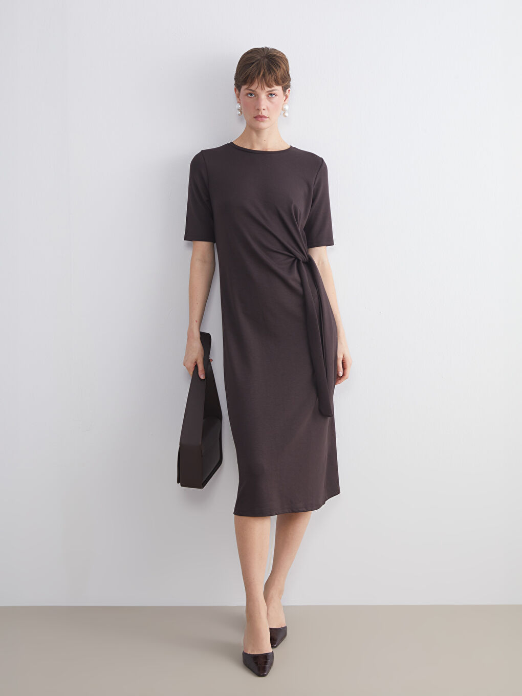 Kahverengi Bisiklet Yaka Büzgülü Elbise-2