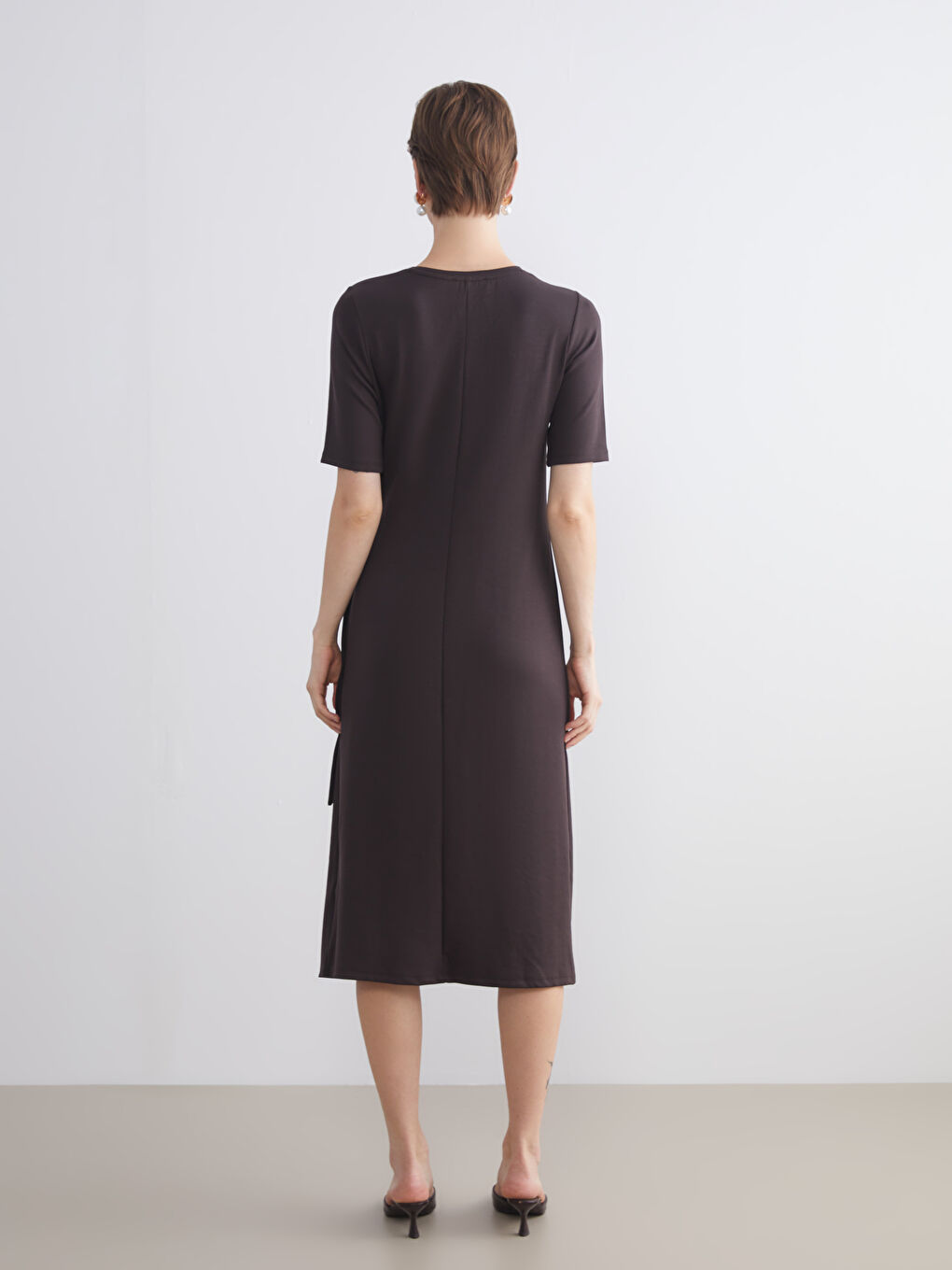 Kahverengi Bisiklet Yaka Büzgülü Elbise-4