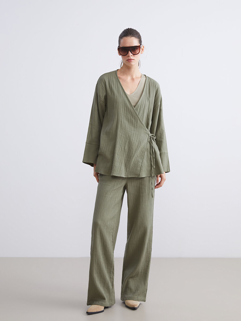 Double Breasted Textured Muslin Women's Kimono-1