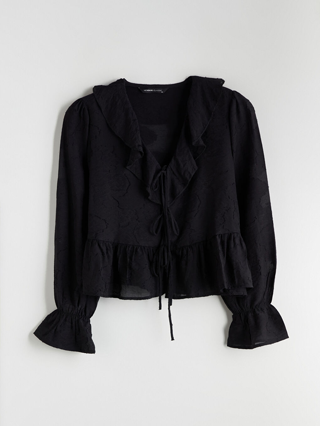 Siyah V Yaka Desenli Fırfırlı Bluz-4