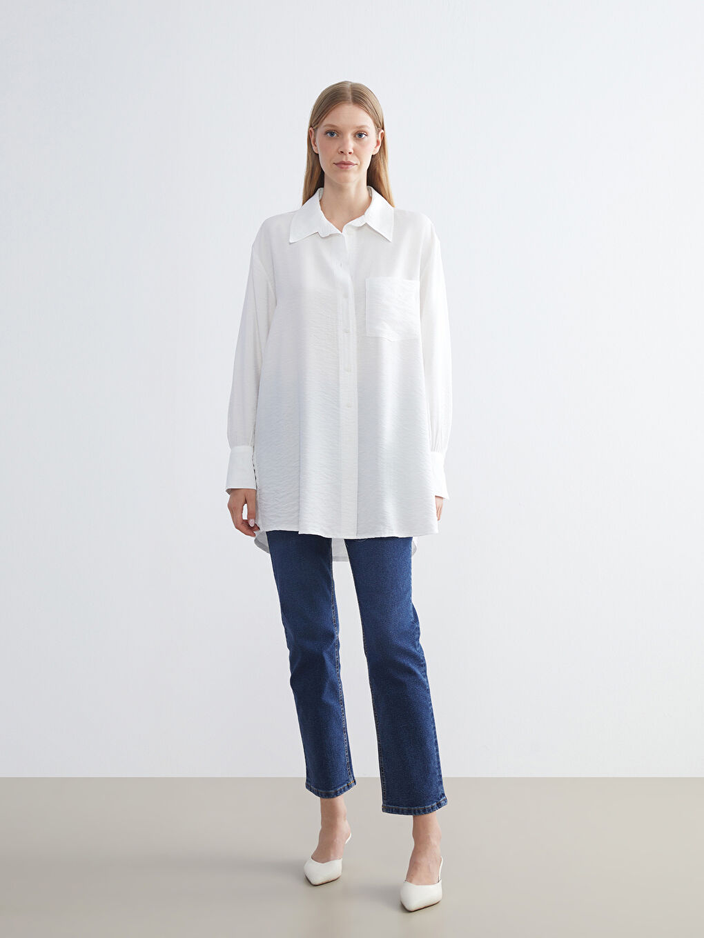 Ekru Oversize Kadın Gömlek Tunik-2