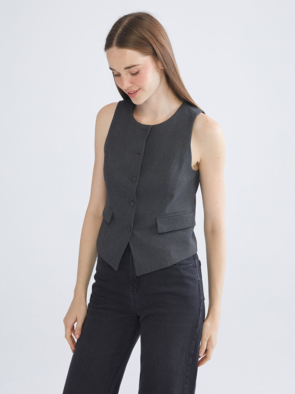 Antrasit Bisiklet Yaka Kadın Yelek-2