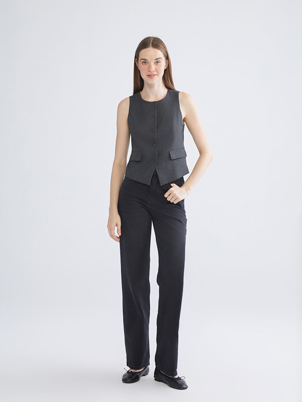 Antrasit Bisiklet Yaka Kadın Yelek-3