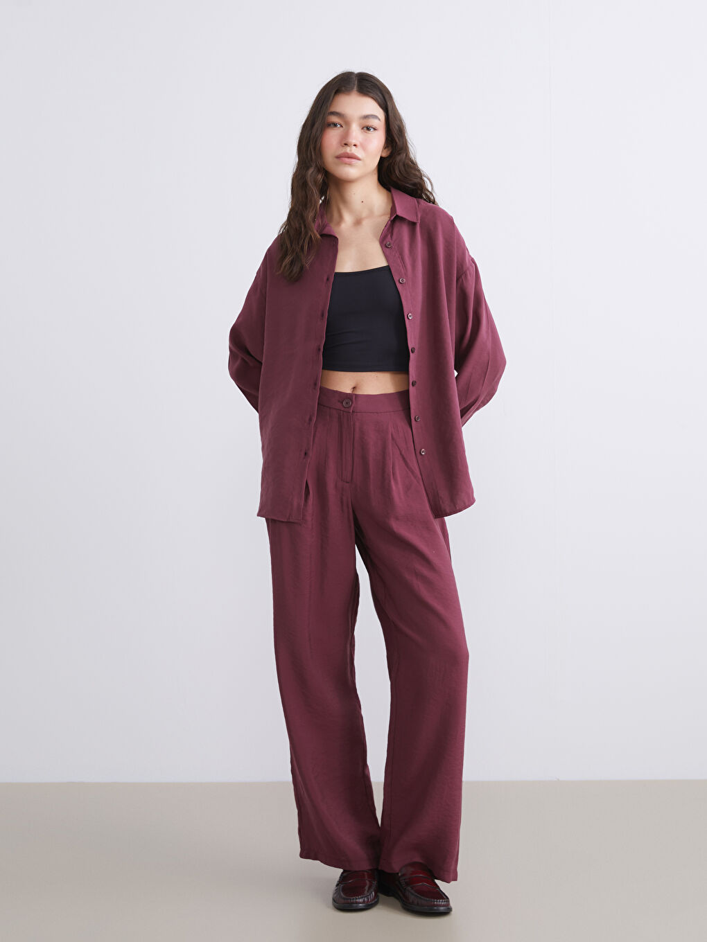 Bordo Modal Karışımlı Oversize Kadın Gömlek-1