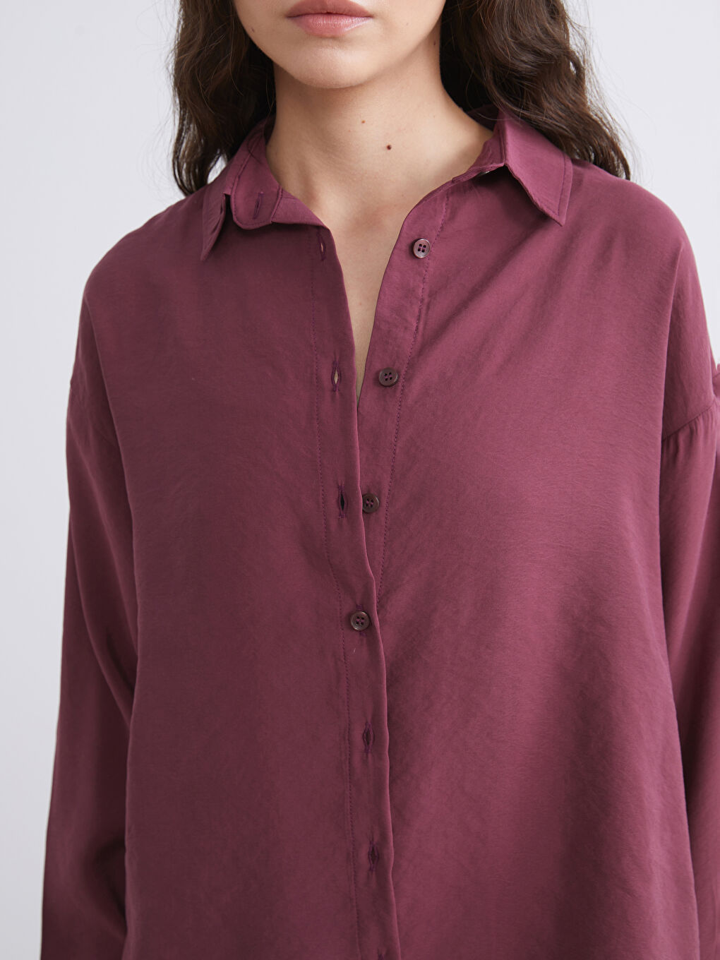 Bordo Modal Karışımlı Oversize Kadın Gömlek-2