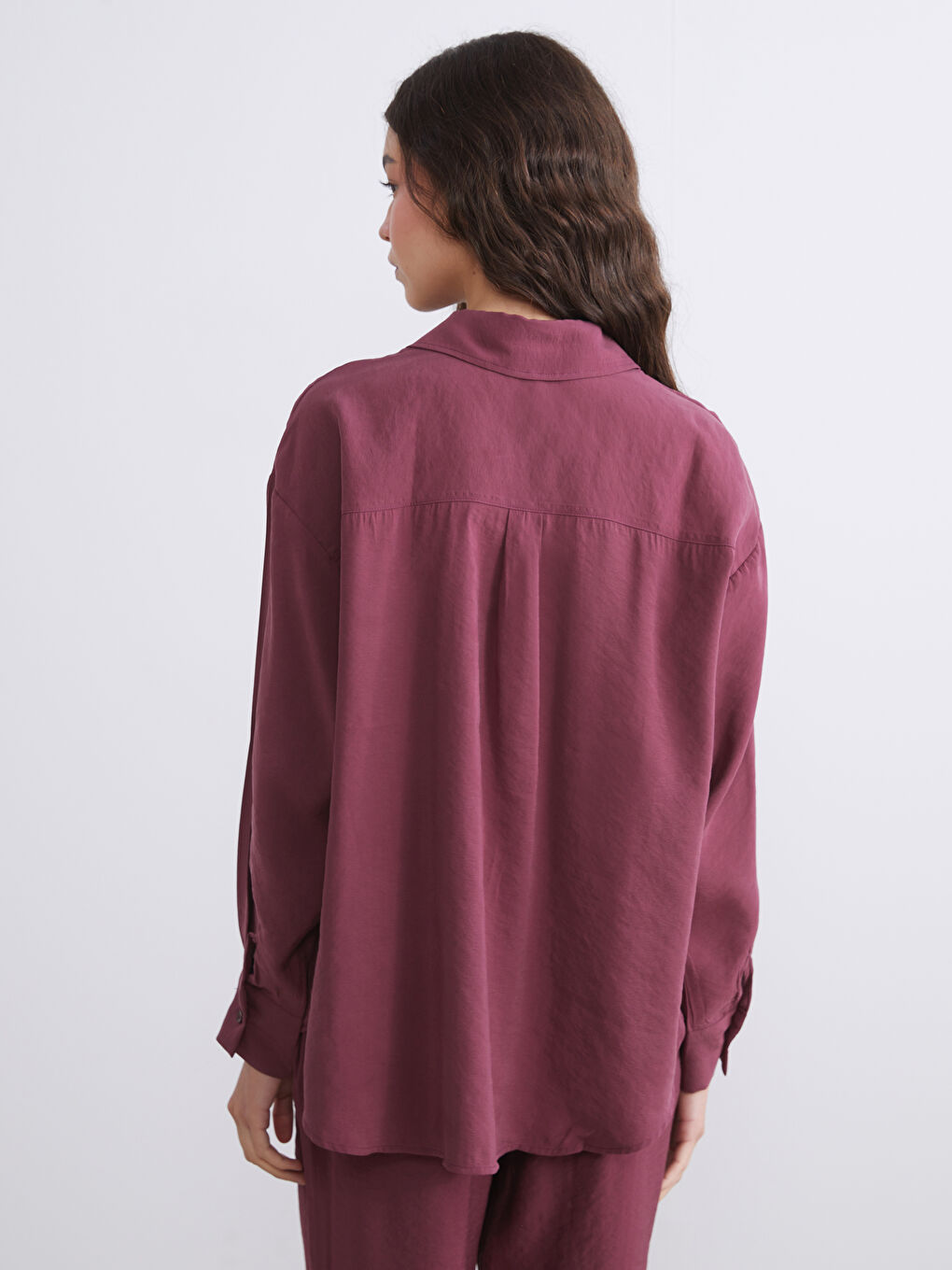 Bordo Modal Karışımlı Oversize Kadın Gömlek-3