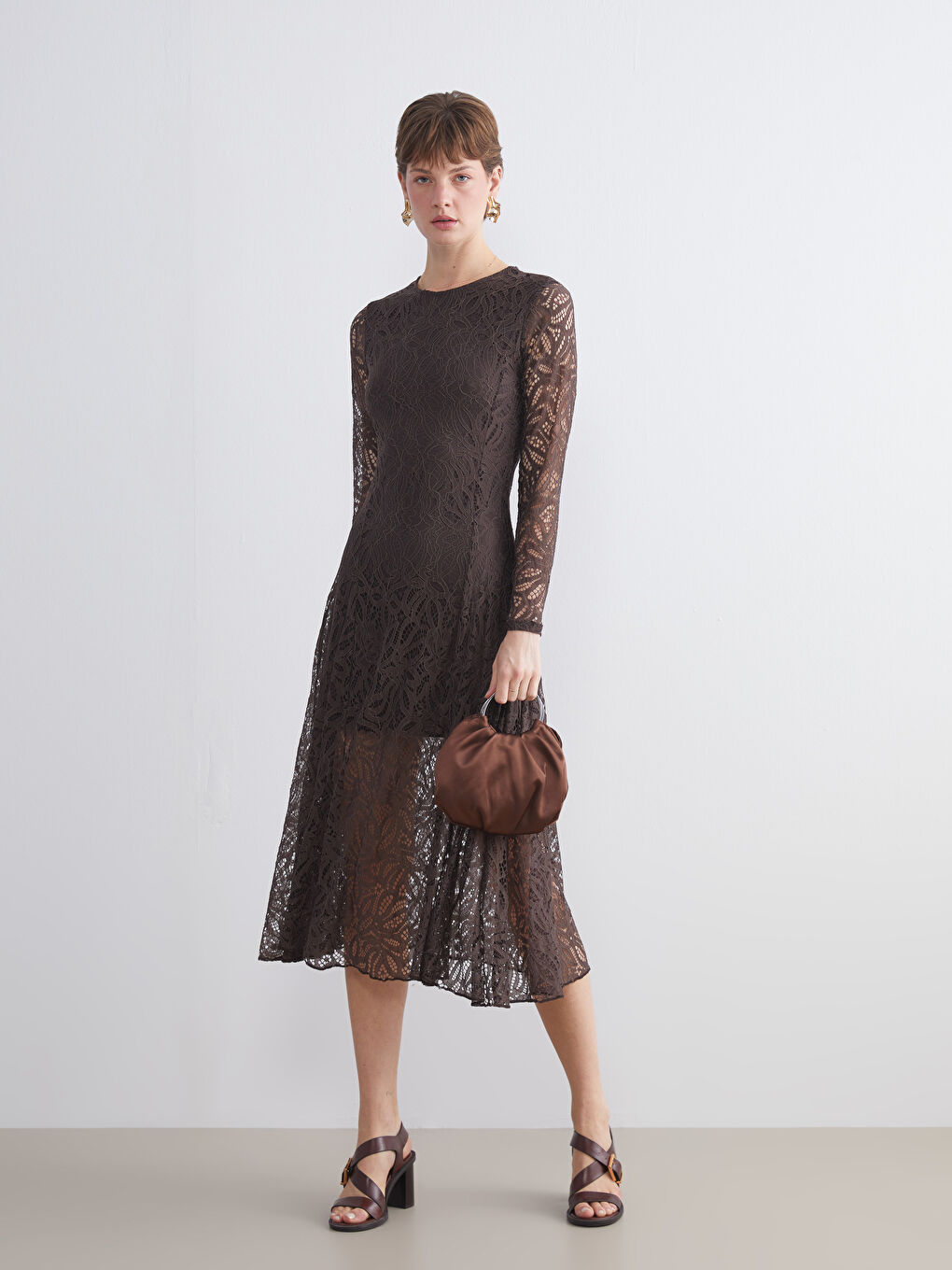 Kahverengi Bisiklet Yaka Dantelli Elbise-1