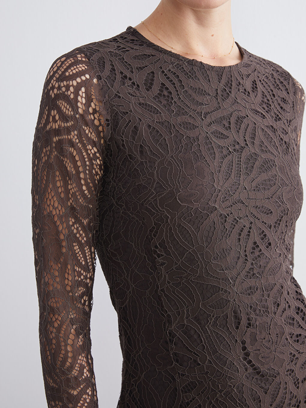 Kahverengi Bisiklet Yaka Dantelli Elbise-2