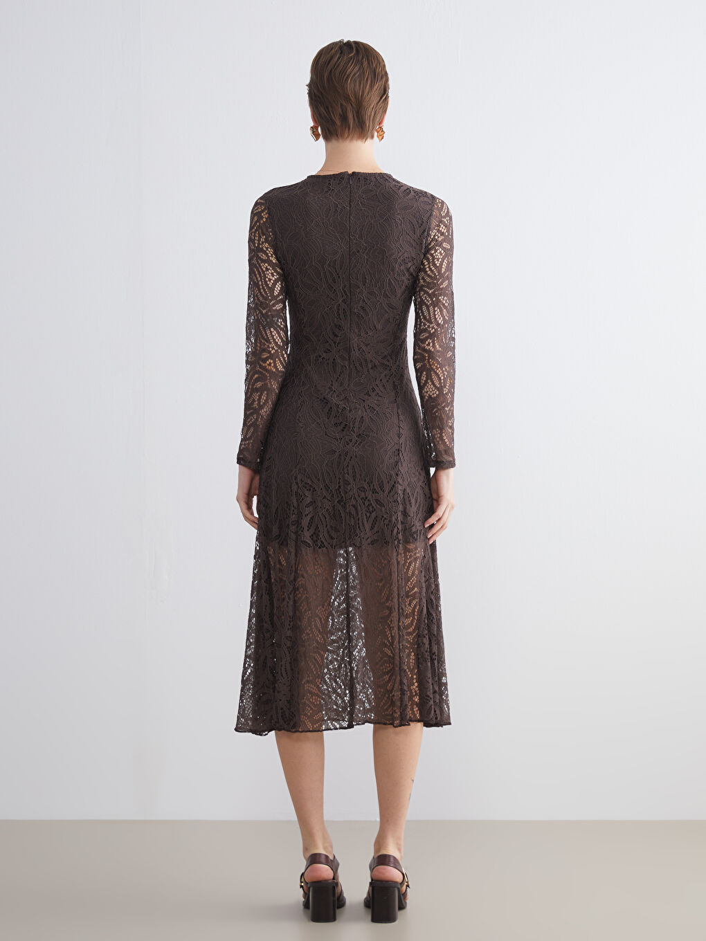 Kahverengi Bisiklet Yaka Dantelli Elbise-3