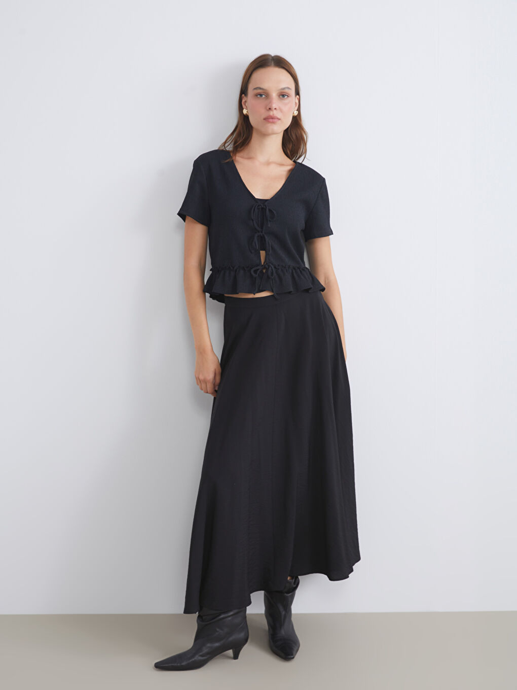 Siyah Beli Fermuarlı Pileli Etek