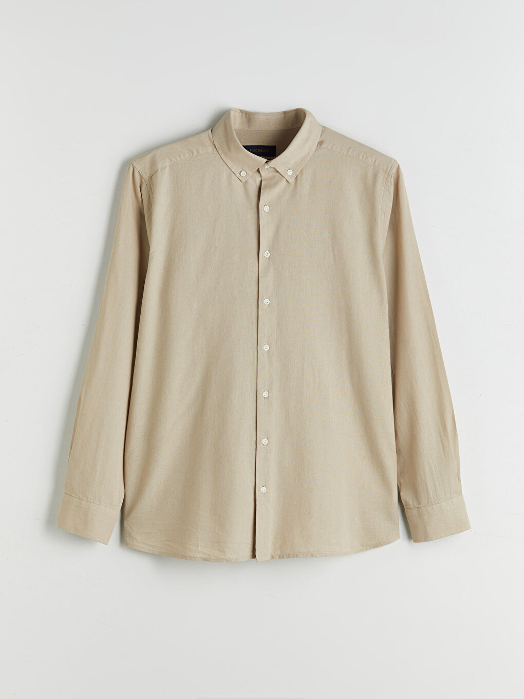 Bej Regular Fit Uzun Kollu Keten Görünümlü Erkek Gömlek-4