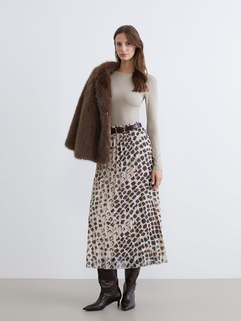 Elasticated Waist Patterned Chiffon Pleated Skirt