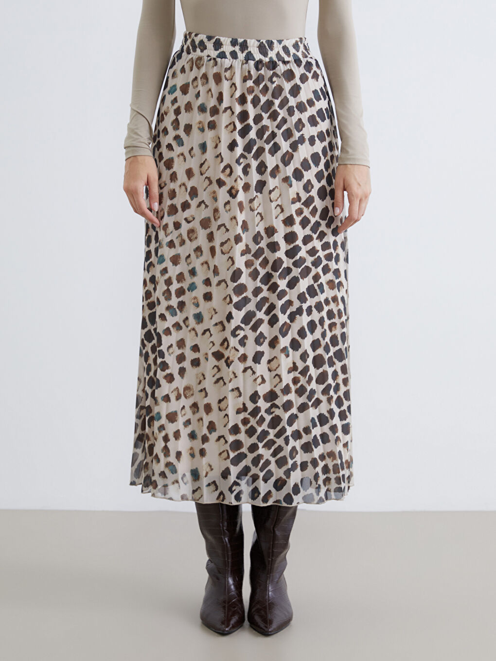 Elasticated Waist Patterned Chiffon Pleated Skirt-1