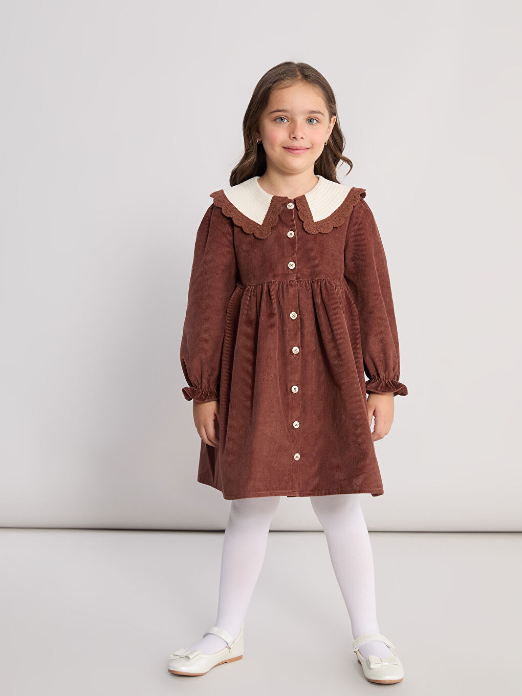 Kahverengi Bebe Yaka Kız Çocuk Kadife Elbise-1
