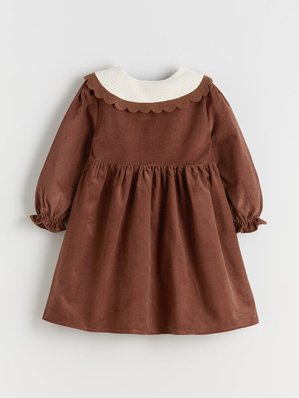 Kahverengi Bebe Yaka Kız Çocuk Kadife Elbise-3