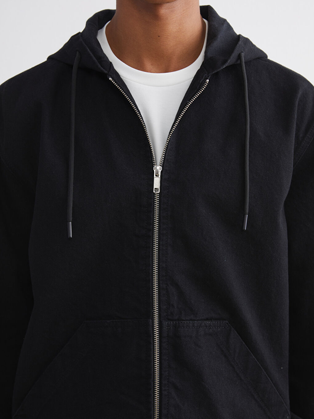 Siyah Rahat Kalıp Kapüşonlu Erkek Jean Ceket-2