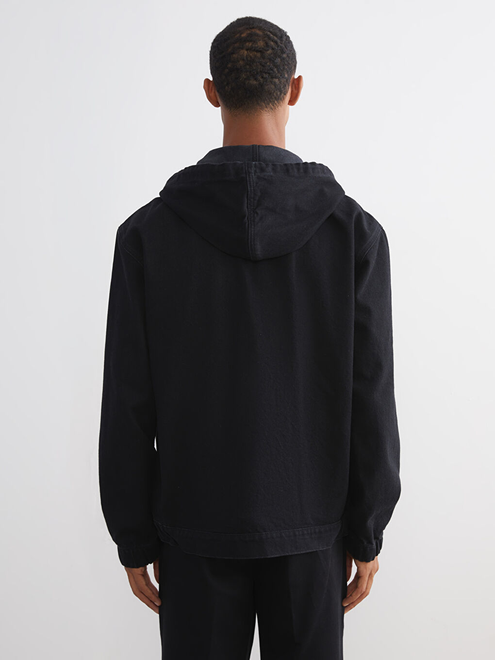 Siyah Rahat Kalıp Kapüşonlu Erkek Jean Ceket-3