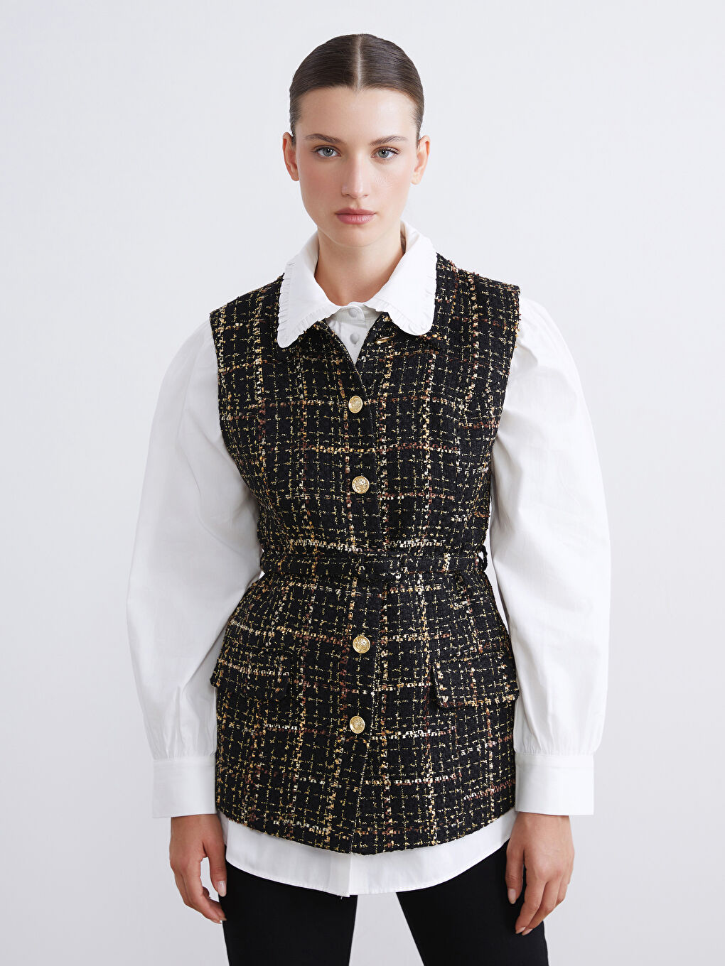 صدرية تيويد بياقة قميص للسيدات-2