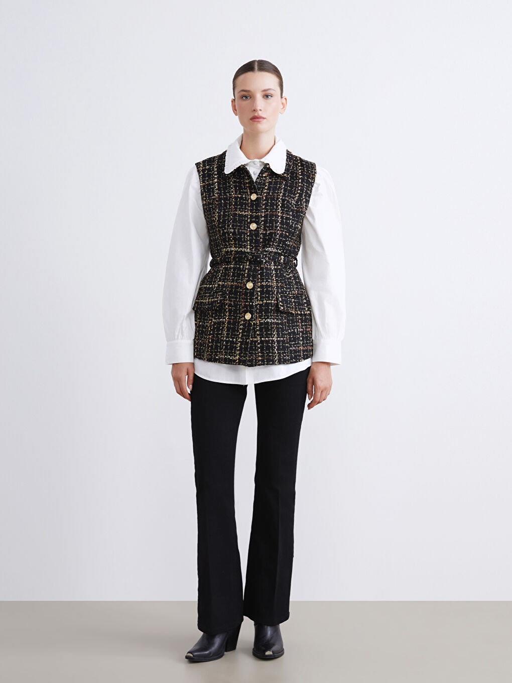 صدرية تيويد بياقة قميص للسيدات-3