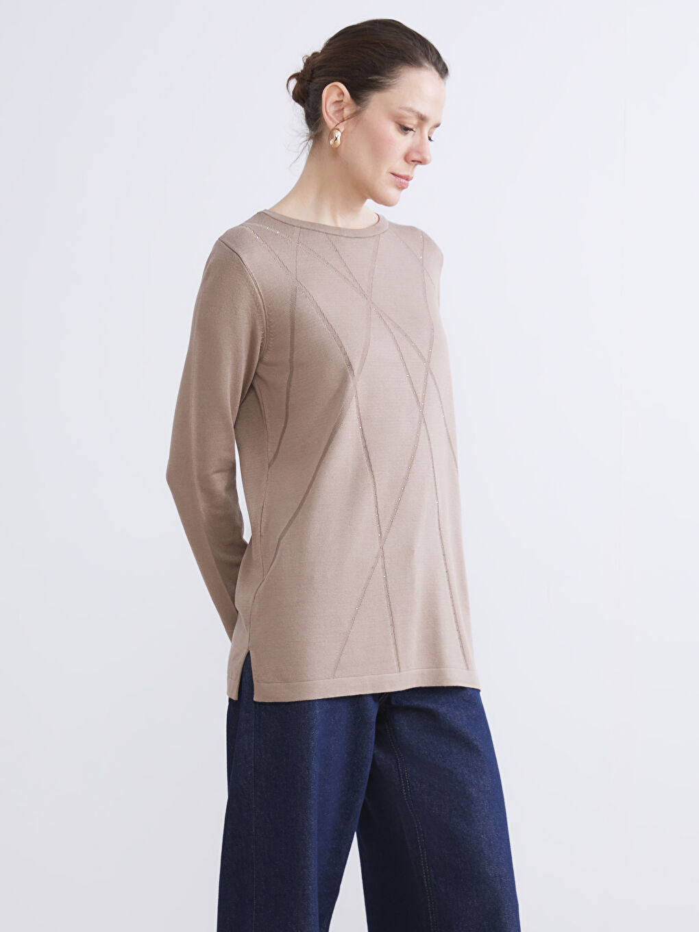 Crew Neck Rhinestone Embellished Women's Knit Sweater