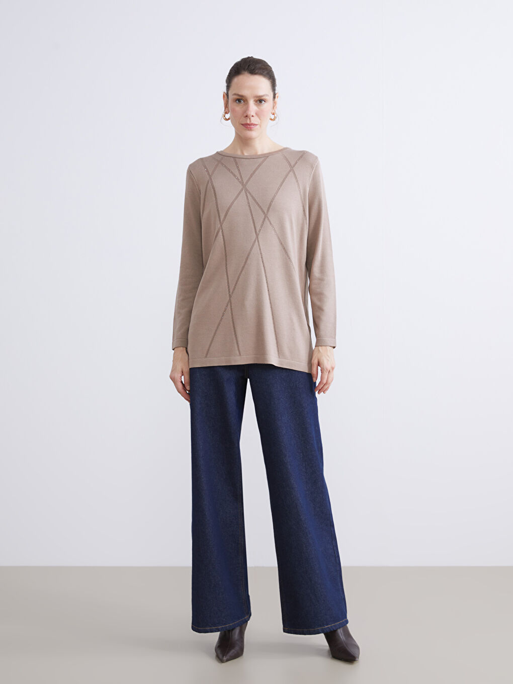 Crew Neck Rhinestone Embellished Women's Knit Sweater-1