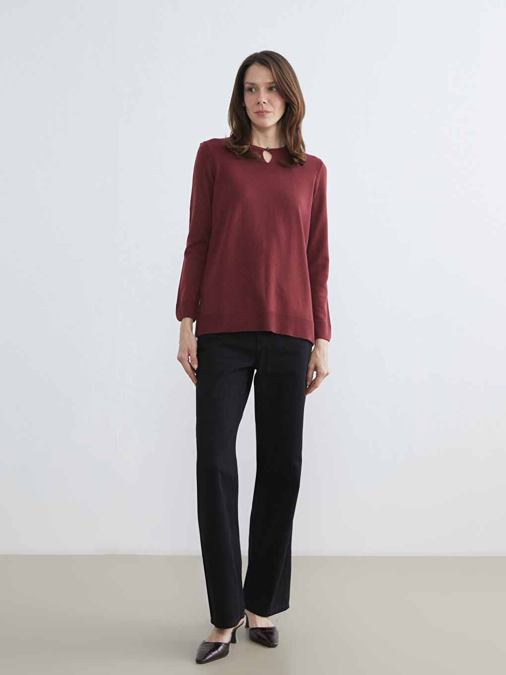 Bordo Bisiklet Yaka Kadın Triko Kazak-1