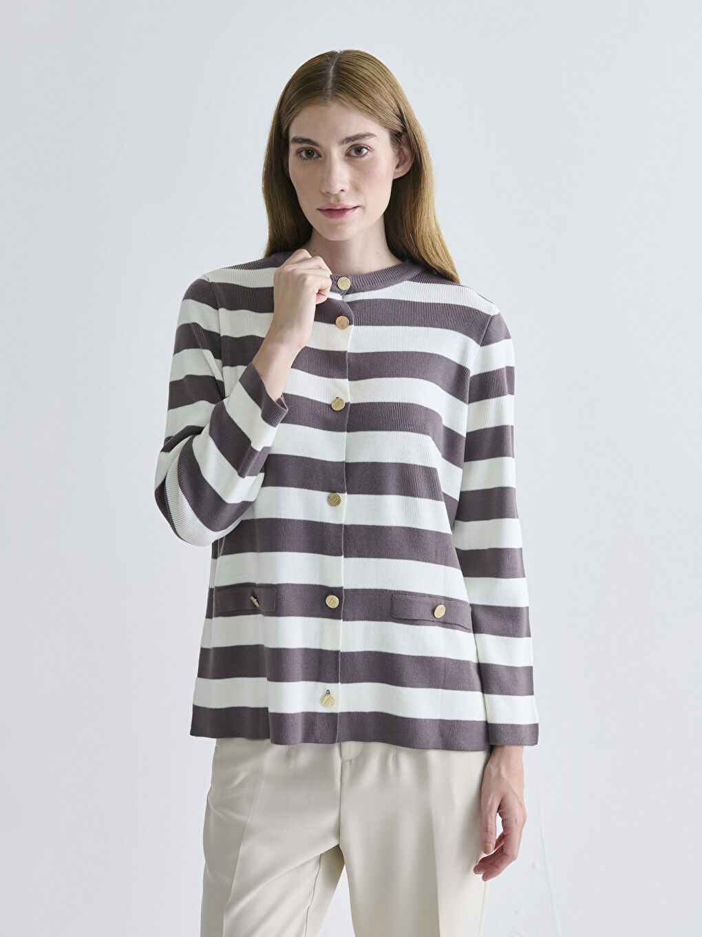 Crew Neck Striped Women's Knitwear Cardigan