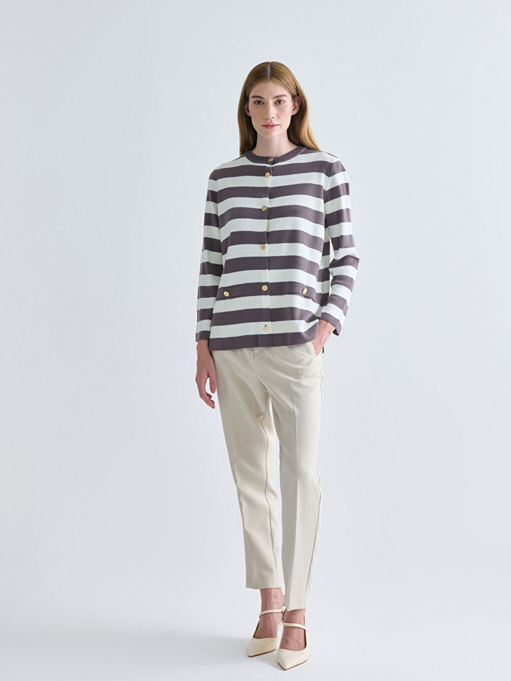Crew Neck Striped Women's Knitwear Cardigan-1