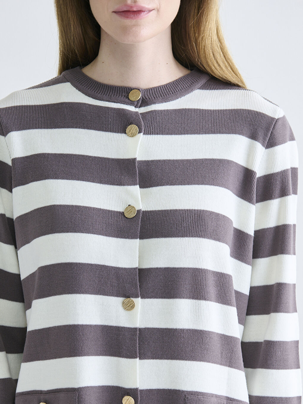 Crew Neck Striped Women's Knitwear Cardigan-2