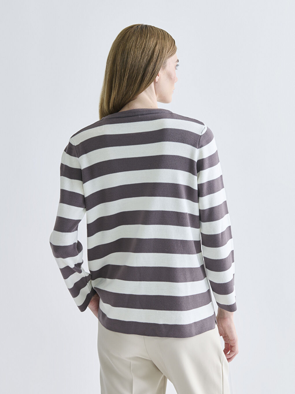 Crew Neck Striped Women's Knitwear Cardigan-3