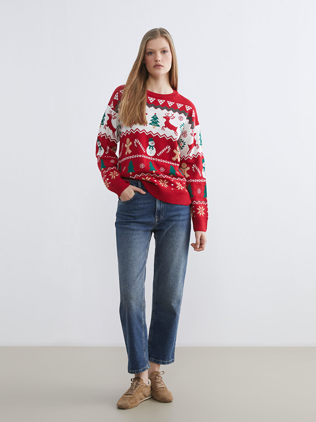 Kırmızı Bisiklet Yaka Yılbaşı Temalı Kadın Triko Kazak-1